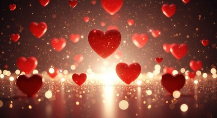 Red hearts rain down on a golden background