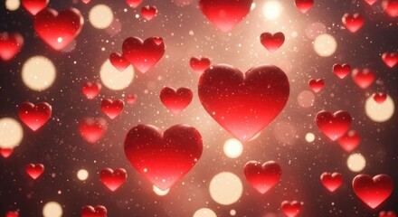 Red hearts float in a bokeh background