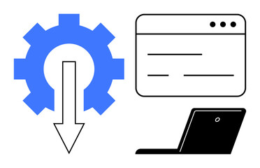 Gear with arrow, browser window, and laptop symbolizing automation, system integration, workflow efficiency. Ideal for productivity, technology, development, workflow software innovation simple