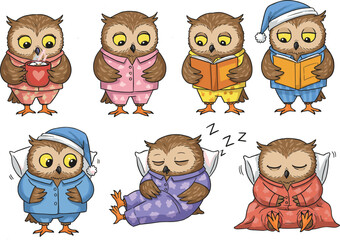 Cartoon owls in pajamas with bedtime activities, reading books, drinking tea, sleeping poses, cozy character vector illustration set for kids and night themes