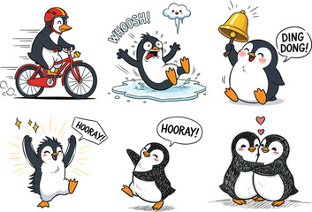 Cartoon penguins in playful activities, riding bicycle, dancing, hugging, ringing bell, expressive poses, fun character vector illustration set for kids themes