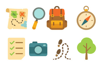 Children's Scavenger Adventure Icons. Flat vector mini-illustrations Scavenger hunt adventure in colors children's illustrations:
