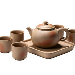 Elegant Tea Set Presents Teapot with Cups on Tray Against Black Backdrop Still Life