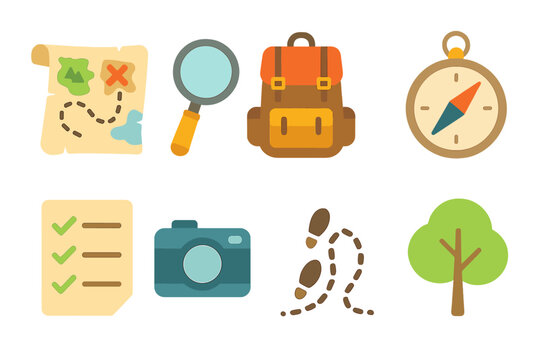 Children's Scavenger Adventure Icons. Flat vector mini-illustrations Scavenger hunt adventure in colors children's illustrations: