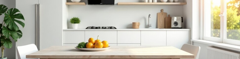 Fototapeta premium Clean white kitchen, empty dining table with copy space , texture, flat lay, restaurant