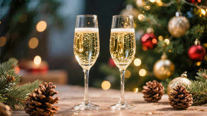 Festive holiday celebration with sparkling champagne and christmas decorations