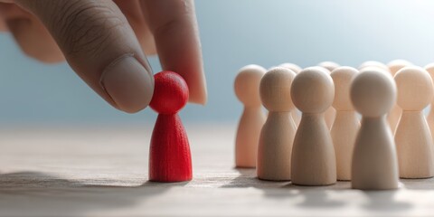 The red pawn being chosen from a group of wooden figures on a table