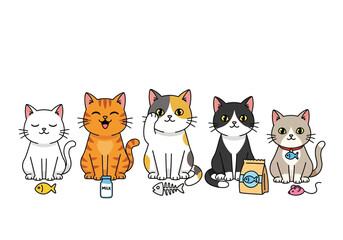 Obraz premium Five cartoon cats of different colors sit next to food and toys, including fish, milk, and a mouse.