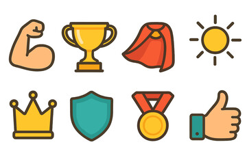 Confidence Icons Grid. Flat vector mini-illustrations Self-confidence boost in colors children's illustrations: flexed arm, trophy