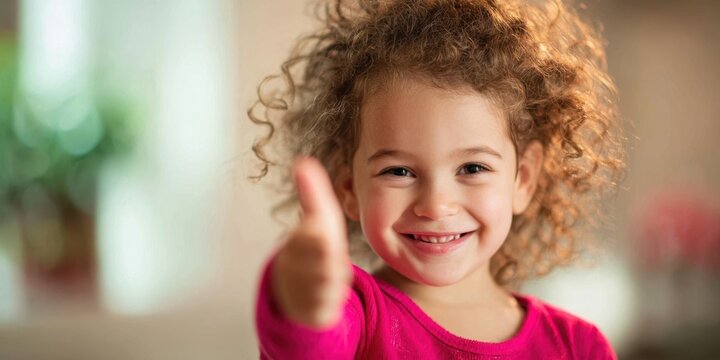 The girl giving a thumbs up and smiling brightly in a cozy indoor setting