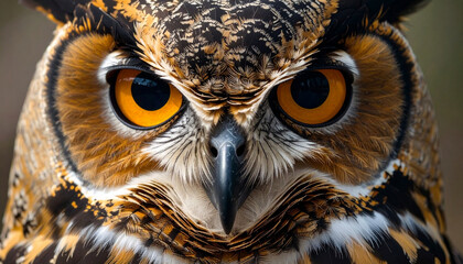 Close-up portrait of a great horned owl with piercing orange eyes.