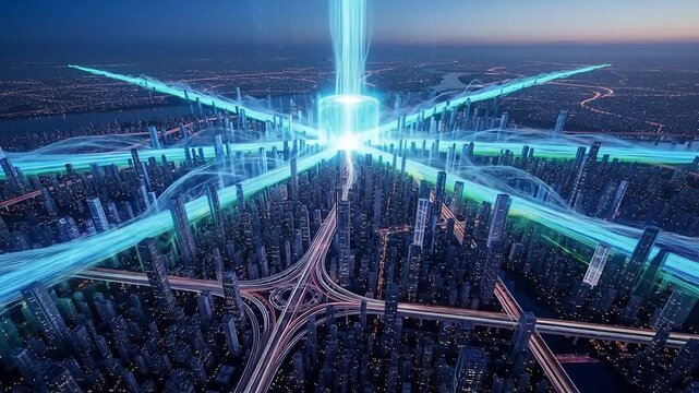 Futuristic city network aerial view glowing cube central hub technology concept high quality professional
