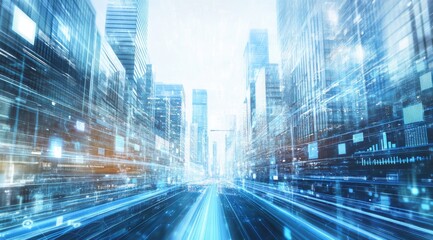 Fototapeta premium Futuristic city street, data streams