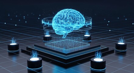 Digital rendering of a glowing blue brain with circuitry