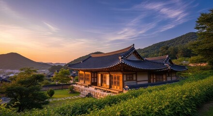 Obraz premium Traditional Korean house at sunset