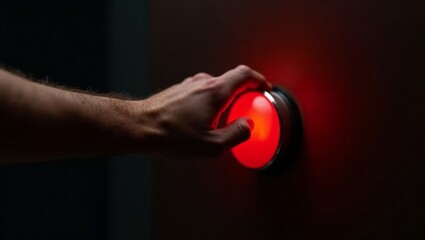 Hand pressing illuminated red button in dark room
