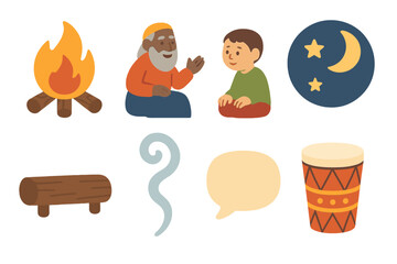 Elders' Campfire Tales. Flat vector mini-illustrations Storytelling elders around fire in colors children's illustrations: