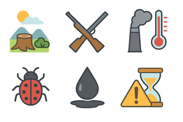 Fototapeta premium Extinction Causes Icons. Flat vector mini-illustrations Causes of extinction symbols in colors children's illustrations: habitat