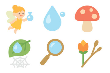 Fairy Dewdrop Gathering. Flat vector mini-illustrations Fairy collecting dewdrops on mushrooms in colors children's illustrations: