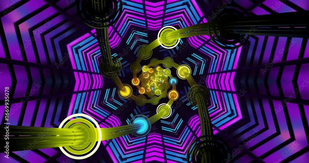 Poster dynamic swirling lights and intricate geometric patterns create a captivating visual experience. the