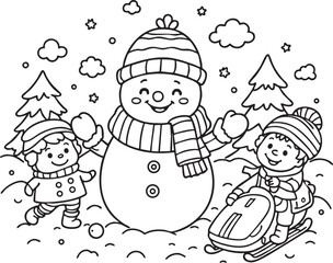 Children playing with snowman and sledding in winter