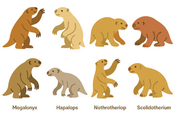 Obraz premium Giant Sloth Illustrations. Flat vector mini-illustrations Giant ground sloths in colors children's illustrations: Megatherium,