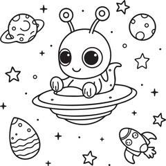 Cute alien in flying saucer with planets and stars