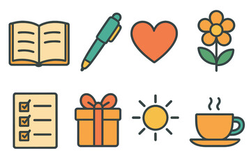 Gratitude Journal Graphics. Flat vector mini-illustrations Gratitude journaling in colors children's illustrations: open book, pen