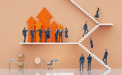 Business people and growth charts. Abstract environment with stairs and business people. 3d rendering