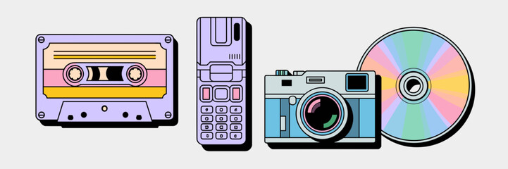 Retro pastel tech pack vector with cassette, flip phone, camera, and cd on white background
