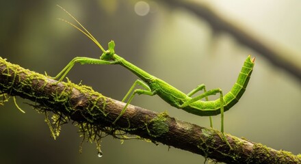 Vibrant green stick insect on mossy branch