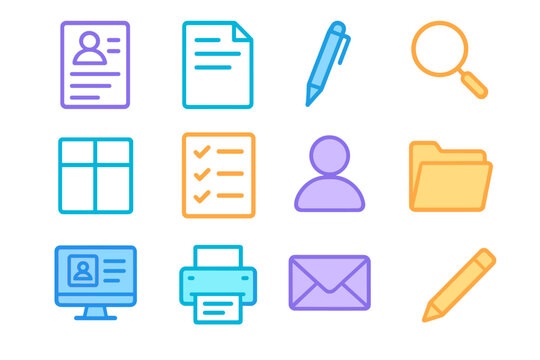 Gradient Resume Icon Set. Gradient icons set of resume and cover letter revamp: resume document, cover letter sheet, pen,