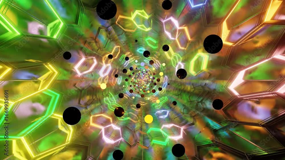 Poster a captivating display features swirling patterns of colorful shapes and lights, creating a mesmerisi