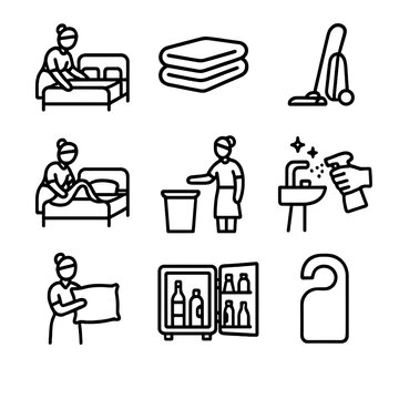Housekeeping Services Icons. Outline icon set of in-room housekeeping services: bed making, towel stack, vacuum cleaner, linen