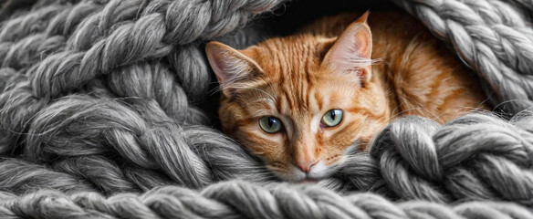 Portrait of a cat. Orange cat with green eyes resting in cozy blanket close up. A cat cuddled in a warm knitted fabric.
