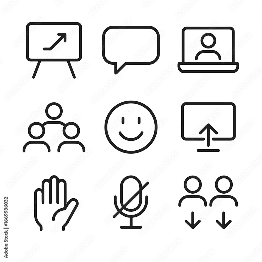 Poster interactive learning icons. outline icon set of interactive learning tools: whiteboard, chat bubble,