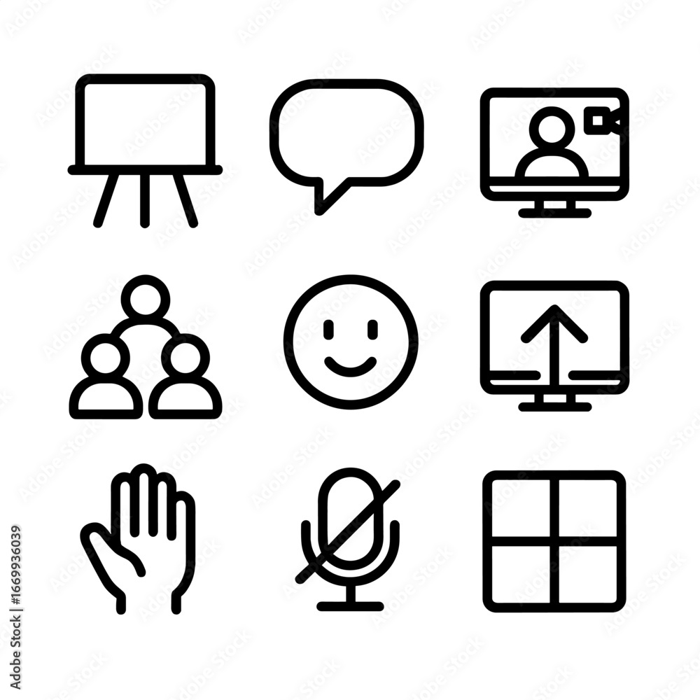 Poster interactive learning icons. outline icon set of interactive learning tools: whiteboard, chat bubble,