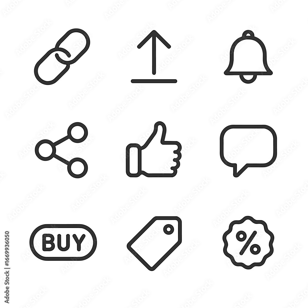 Poster interactive icon set. outline icon set of interactive call-to-actions: clickable link, swipe-up arro
