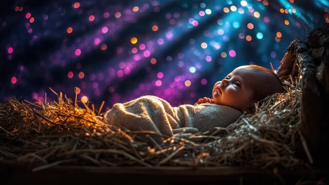 Newborn baby child infant in manger bed with magical soft light. Christmas nativity scene, religious holiday and peace on earth concept.