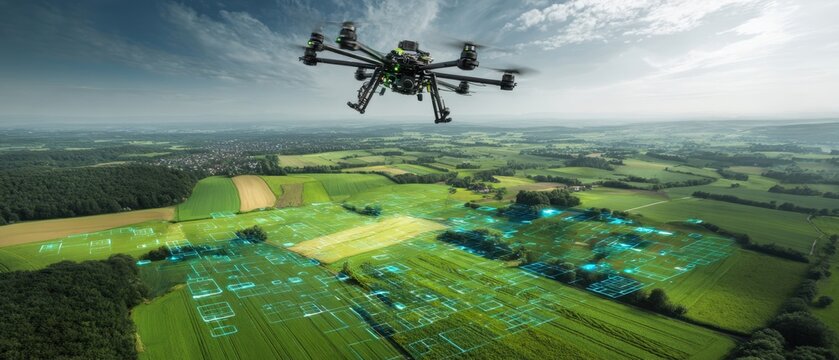 The Hexacopter Drone Hovering Over Farmland with Digital Mapping for Precision Farming