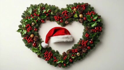 Christmas heart shaped wreath with santa hat. Festive holiday decoration with fir branches, berries, and ornaments. Winter celebration concept. - Powered by Adobe