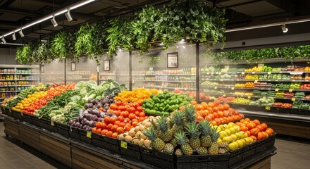Colorful fruits and vegetables misted for freshness at a grocery store produce section under hanging plants