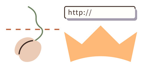 Computer mouse, HTTP bar, and crown symbolizing digital tools, accessibility, and authority. Ideal for online presence, technology, SEO royalty navigation branding user interface. Minimal