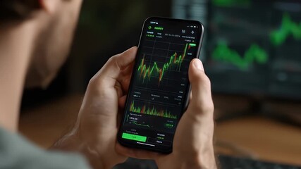 Close-Up of Person Holding Smartphone with Stock Market Chart Displayed on Screen in Modern Office Environment - Powered by Adobe