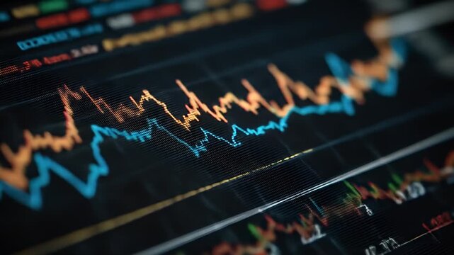 Abstract Financial Data Visualization with Colorful Line Graphs and Market Trends in a Digital Environment