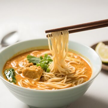 4k high quality Ai generative HD photo realistic menu sell restaurant food fresh Asian cuisine dish seafood kari spicy spices curry laksa ikan noodle ramen mie soup Malaysia Singapore chopstick