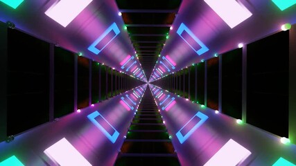 A colorful display of lights creates an immersive tunnel experience, with glowing neon hues moving smoothly in a continuous loop. This vibrant installation captivates the viewer s attention. - Powered by Adobe