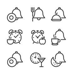 Mealtime Icons Grid. Outline icon set of mealtime reminders: breakfast bell, lunch chime, dinner notification, coffee break alarm,