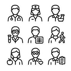 Medical Team Icons. Outline icon set of multidisciplinary medical team: doctor, nurse, pharmacist, lab technician, radiologist,