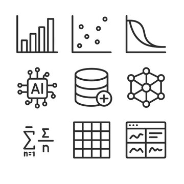 Medical Data Icons. Outline icon set of medical data analysis and visualization: bar graph, scatter plot, survival curve, AI